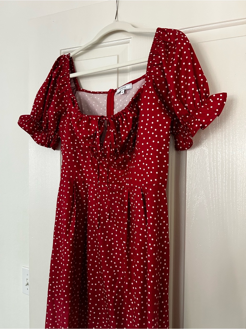 RIHOAS Red Polka Dot Puff Sleeve Midi Dress